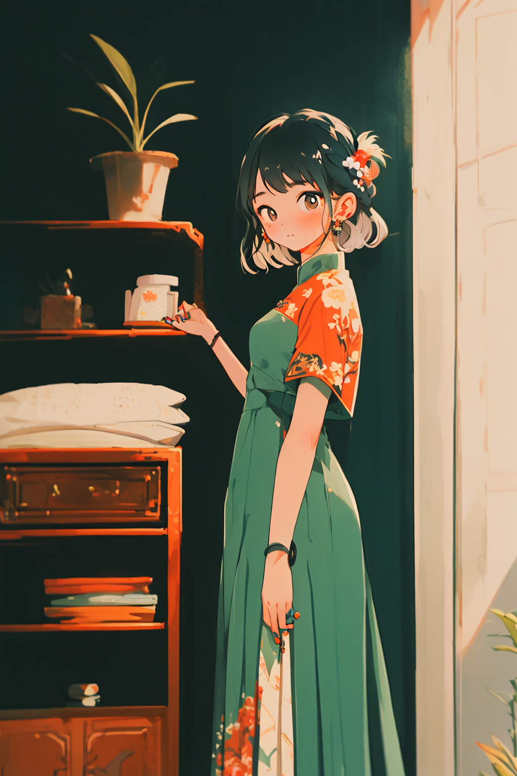 31524-1776232145-1girl, plant, solo, jewelry, earrings, potted plant, black hair, dress, looking at viewer, short sleeves, bangs, blush, brown ey.png